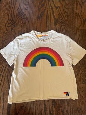 Aviator Nation White Tee with Bold Rainbow Graphic